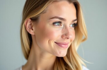 Young woman with long blonde hair smiling softly against a neutral background during a serene moment