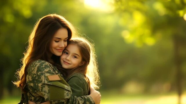A young girl hugs her mother, a military woman, in a park surrounded by green trees and sunlight. The tenderness of the moment showcases the strong connection between them and the