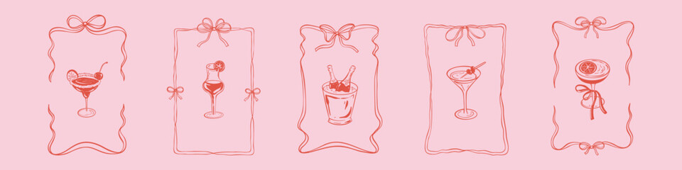 Set of hand drawn bar design elements. Alcohol beverages. Cute romantic coquette stile ribbon bow whimsical wavy rectangle frames. Wedding, birthday, bachelorette party vintage victorian invitations