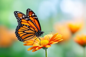 Monarch Butterfly on Orange Flower - A vibrant monarch butterfly rests delicately on a bright orange flower, showcasing its intricate wings and the beauty of nature