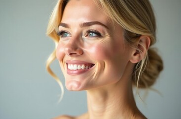 Smiling young woman with her hair tied up in a ponytail looking away confidently in the room in soft natural light