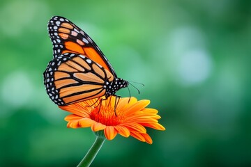 Fototapeta premium Monarch Butterfly on Orange Daisy - A monarch butterfly delicately feeds on an orange daisy, symbolizing nature, beauty, transformation, fragility, and hope