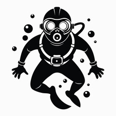Monochrome Silhouette of Full Body Diver in Underwater Gear Surrounded by Bubbles