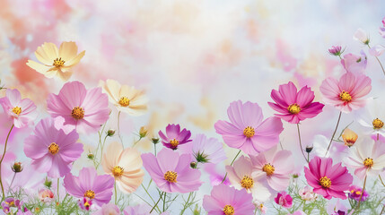 Fototapeta premium Elegant wedding invitation card background . Minimal hand painted watercolor Cosmos flowers texture template background. Design for wedding, vip cover, poster, rsvp moderncard.Valentine's Day