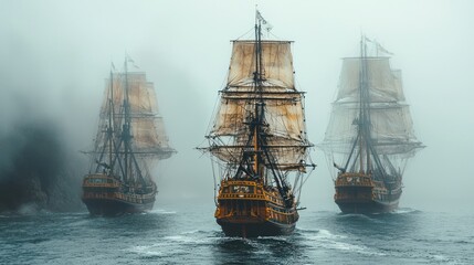 Obraz premium Three Majestic Sailing Ships in Fog