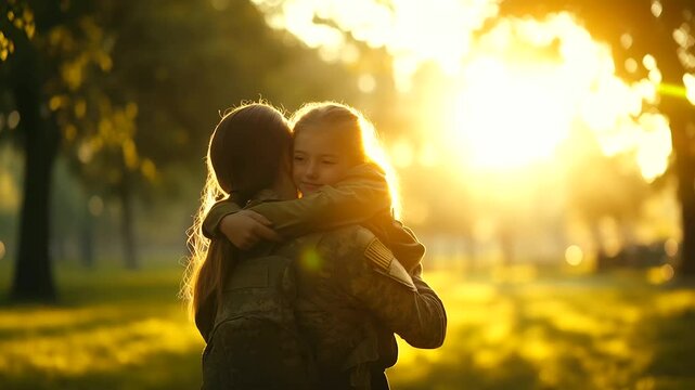 A little girl hugs her mother, a soldier, tightly in a park, her face glowing with joy and relief. The warm sunlight and tender moment reflect the love and unity of a military fami
