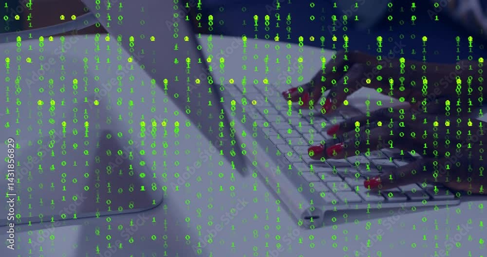 Aufkleber developer typing on laptop keyboard in technology workspace, showing floating green binary code