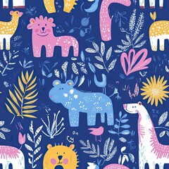Obraz premium Vibrant Jungle Animal Print: A whimsical textile design featuring playful lions, hippos, giraffes, and lush foliage, perfect for kids' apparel or home decor.