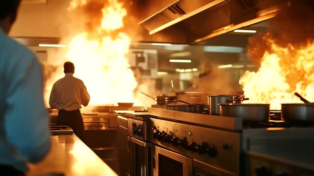 A sudden kitchen fire ignites during food prep in a bustling restaurant, the blaze quickly overtaking the stove area. Panic spreads as smoke clouds visibility, emphasizing occupati