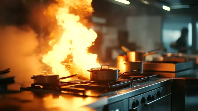 Fire bursts violently from a stove burner in a modern restaurant kitchen, surrounding pots and utensils in flames. The dangerous scene is filled with smoke and urgency, underscorin