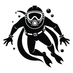 Black Diver Silhouette with Bubbles, Scuba Diving Suit and Fins on White Backdrop
