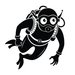 Silhouette Cartoon Diver Swimming Underwater, Isolated Dive Suit, Adventure, Sealife
