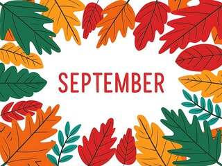Autumn Background with Colorful Leaves and 'September' Text Illustration