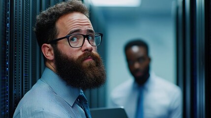 It technician in data center technology environment professional portrait focused viewpoint capturing expertise