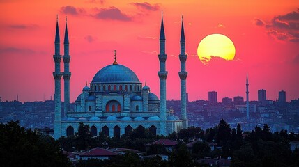 Obraz premium Sunset over the Camlica Mosque in Istanbul, Turkey