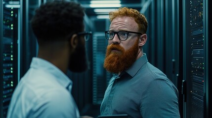 Bearded it technician collaborating in data center high-tech environment professional interaction focused view