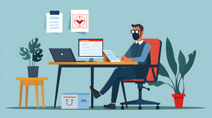 Man with mask at desk with laptop monitor papers and plants in a home office setting illustration