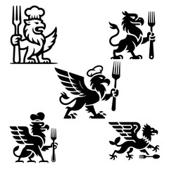 Mythical Griffin Chef Mascot with Fork – Minimalist Logo Design