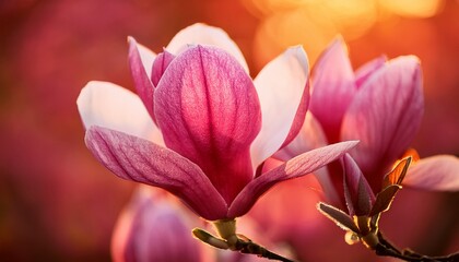 Fototapeta premium macro of blooming magnolia flowers in pink color shallow depth of field warm dreamy light in the background beautiful and romantic fiery red background color with details on the blossom