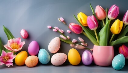 colorful tulips and decorative eggs create a festive atmosphere for spring celebrations and easter festivities