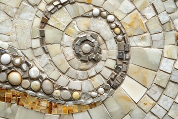Detailed spiral pattern created from multicolored stone mosaic tiles.