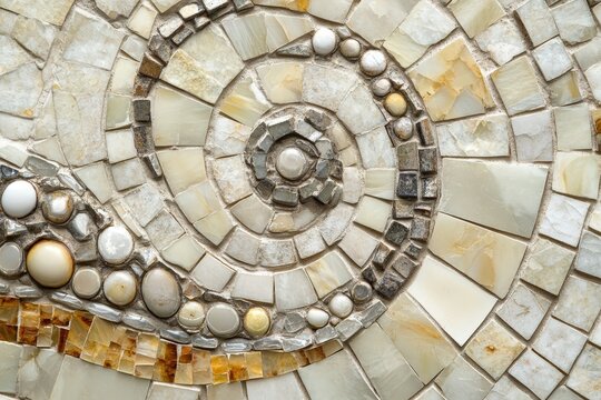 Detailed spiral pattern created from multicolored stone mosaic tiles.