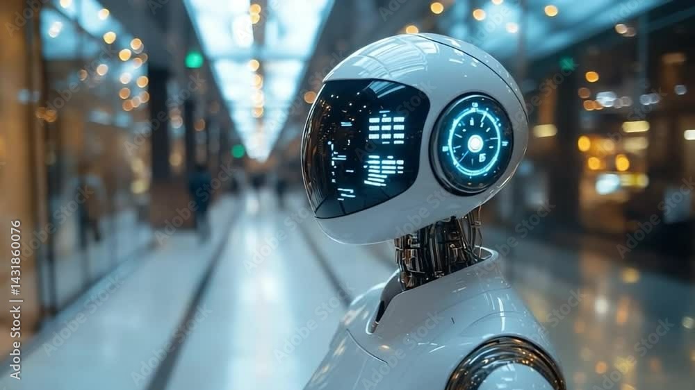Poster robot in shopping mall: a futuristic white robot with glowing blue interface stands in a modern shop