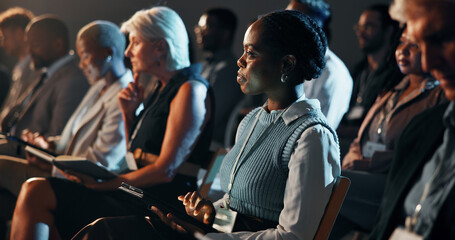 Business people, audience or woman with tablet at conference for career development, listening or...