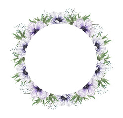 Delicate purple anemone flowers with green leaves and wild herbs. Watercolor botanical round frame with space for text, for greeting cards, wedding invitations, branding, floristry, packaging.