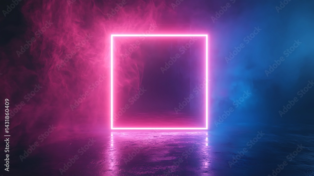 Poster neon square frame in dark room with neon lights. 3d rendering