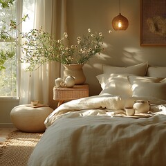 Fresh airy bedroom with natural elements and calm vibes high resolution photo