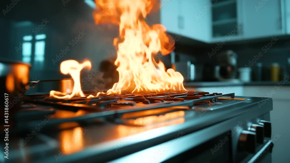 Poster an out-of-control kitchen fire spreads across the stovetop, as utensils and towels lie dangerously c