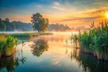 Fototapeta premium Serene River Reeds Fog Misty Dawn Nature Landscape Photography