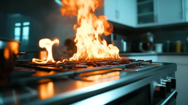 An out-of-control kitchen fire spreads across the stovetop, as utensils and towels lie dangerously close to the blaze. A visual metaphor for the thin line between daily routine and