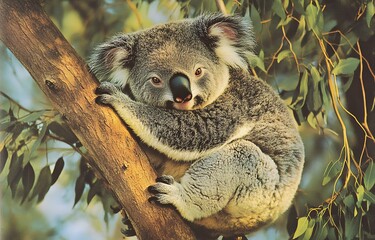 Obraz premium koala is sitting on the branch of an eucalyptus tree in an wildlife