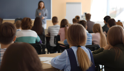 Fototapeta premium A teacher is standing in front of a classroom of students