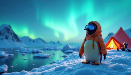 Colorful aurora illuminates a penguin in a cozy orange jacket near a campsite in a winter Arctic landscape