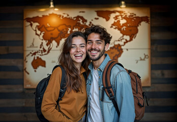 Obraz premium A man and a woman are smiling at the camera in front of a world map