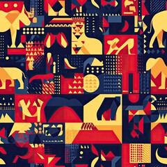 Vibrant Geometric African Animal Mosaic: A Kaleidoscope of Shapes and Colors