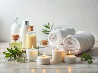 Serene Spa Day: White Towels, Candles, Essential Oils, Minimalist Setup