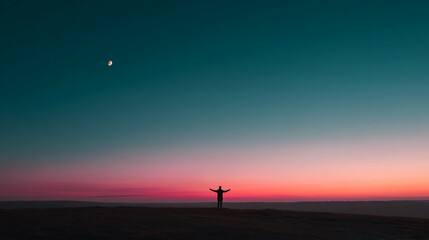 Silhouette of person with arms outstretched against a vibrant sunset sky, featuring a crescent moon.  Represents freedom, peace, and serenity.