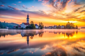 Serene Sunrise: Long Exposure of Lake Town and Tower