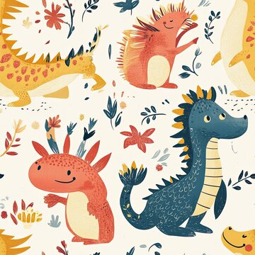 Whimsical Fantasy Creatures Seamless Pattern: Dragons, Axoloti, and Hedgehogs in a Magical Garden