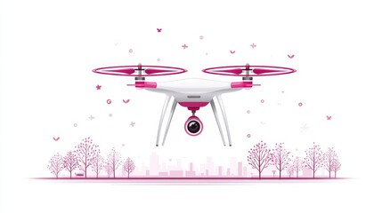 Pink and White Drone Flying Over City Park - A pink and white drone soars above a tranquil city park, symbolizing technology, nature, innovation, freedom, and exploration