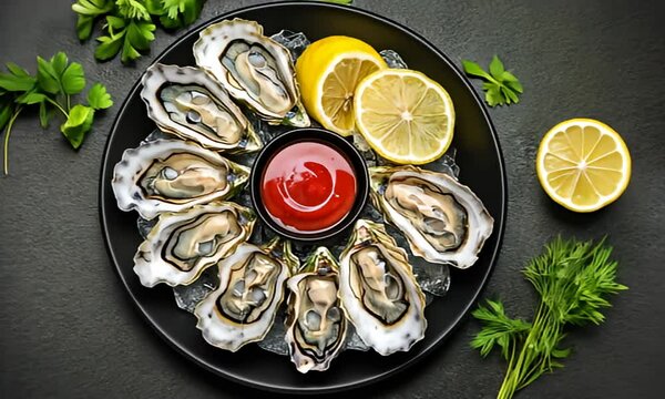 Fresh oysters on a plate with lemon wedges and cocktail sauce