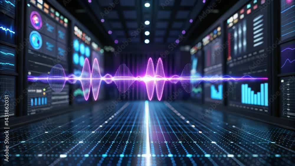 Aufkleber spam call on phone technology, a futuristic data visualization room with vibrant sound waves and dig