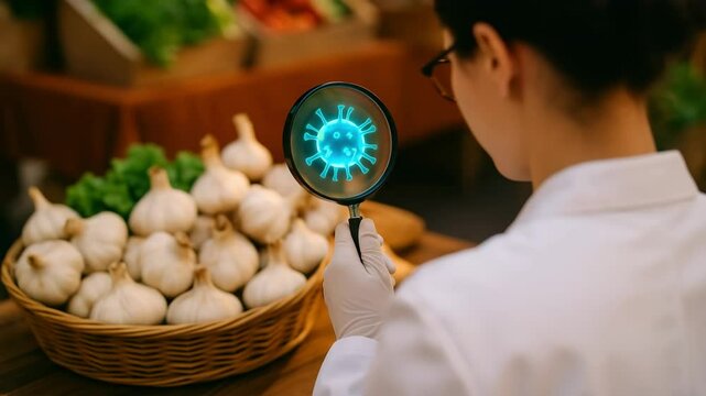 Examining garlic quality researcher analyzes produce in urban market close-up view science