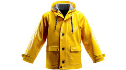 Bright Yellow Raincoat: A cheerful, bright yellow raincoat with a hood and pockets, perfect for rainy days. The raincoat is shown on a white background.