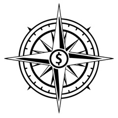 Compass needle points toward coin icon vector. Wealth navigation compass logo.