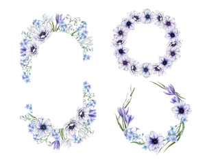 Blue forget-me-nots, white and purple crocuses, anemones, green and dry grass blades. Watercolor set of oval frame and round wreaths, for wedding invitations, greeting cards, branding, packaging.